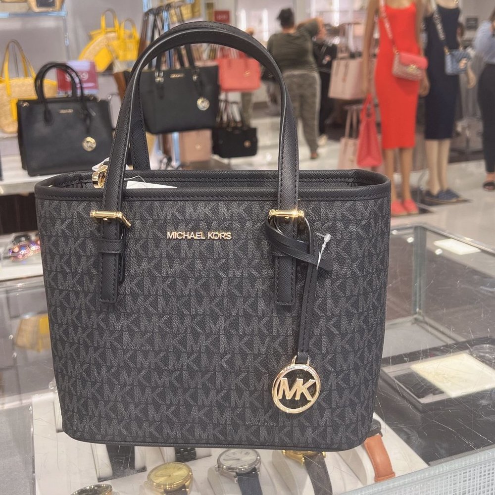MICHAEL KORS JET SET XS CARRYALL TOTE MK LOGO SIGNATURE CROSSBODY BLACK GOLD